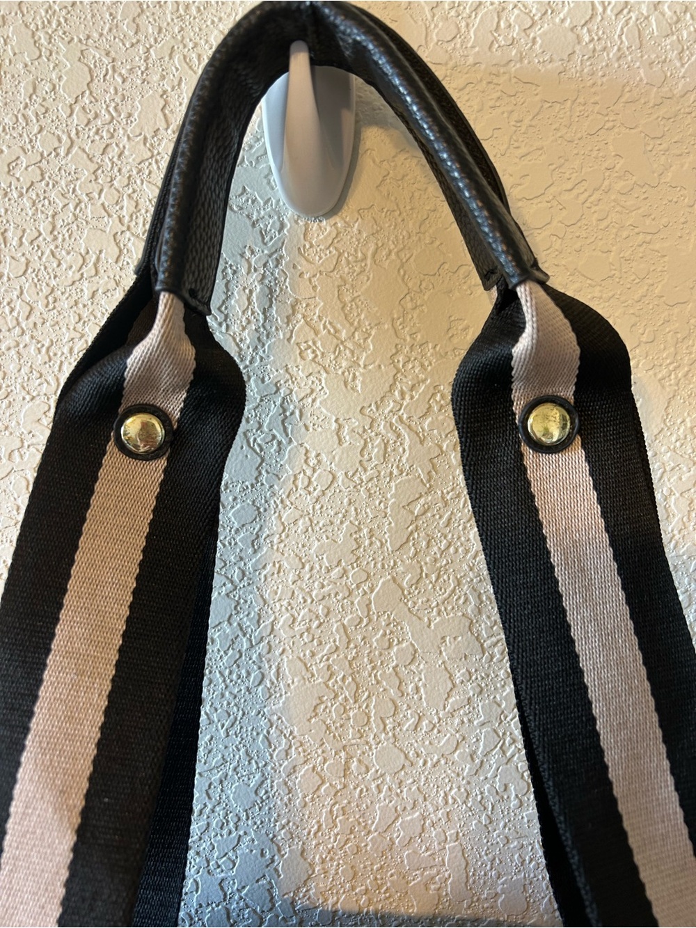 Black Quilted Nylon Tote Bag with Striped Strap - Picture 8 of 11